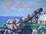 painting of a house on a cliff overlooking a body of water