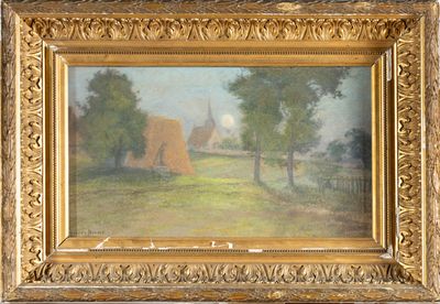 une image d'un tableau représentant une scène de ferme dans un cadre doré