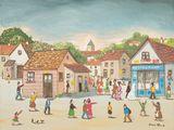 un tableau représentant une scène de rue avec des passants