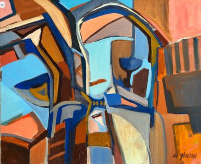 peinture abstraite représentant un homme et une femme debout devant un bâtiment