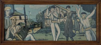 a painting of a group of people playing a game of frisbee