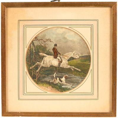 une image représentant un tableau où l'on voit un homme à cheval en train de franchir un cours d'eau