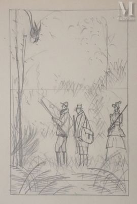 dessin représentant un groupe de personnes dans une zone boisée, avec un oiseau dans le ciel