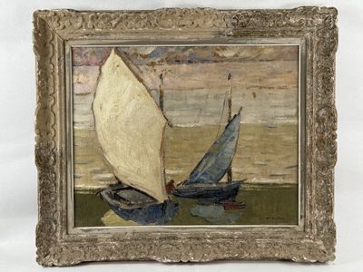 a picture of a painting of a sailboat in a body of water