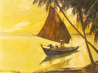 un tableau représentant un voilier sur l'eau, avec des palmiers en arrière-plan
