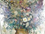 a painting of flowers in a vase on a table