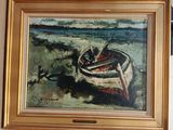 a painting of a boat on a shelf next to a book shelf