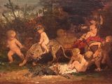 une image représentant un tableau où l'on voit un groupe d'enfants jouant avec un chien