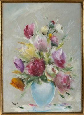 une peinture à l'huile représentant un vase avec des fleurs sur une table