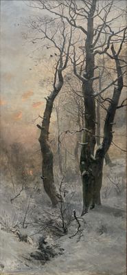 peinture représentant un paysage enneigé avec des arbres au premier plan et un ruisseau au premier plan