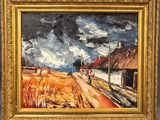 une peinture à l'huile représentant une scène de campagne avec un homme marchant sur la route