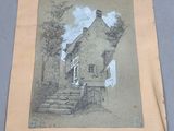 an old drawing of a house on a piece of paper on a table