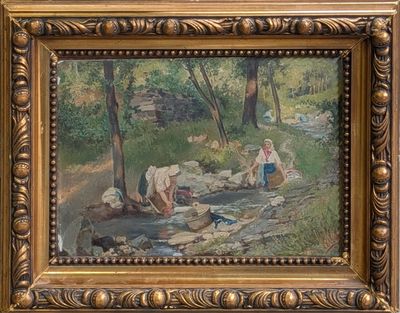 painting of a woman washing clothes in a stream in a wooded area