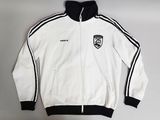 a white jacket with black stripes and a black hoodie on a hanger