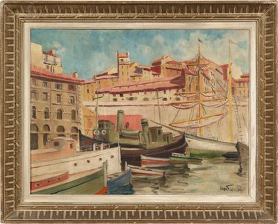 an image of a painting of boats in a harbor with buildings in the background