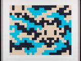 a blue and black abstract painting of squares on a beige background