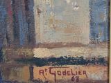 an oil painting of a street scene with a red stop sign