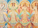 peinture représentant quatre anges de couleurs et de styles différents sur un fond bleu