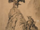 tableau représentant deux animaux sur une falaise rocheuse, avec un oiseau perché au sommet