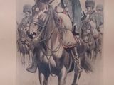 un dessin représentant un homme à cheval en compagnie d'autres hommes