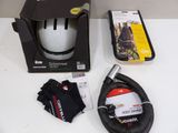 a helmet and a pair of gloves sitting on a table