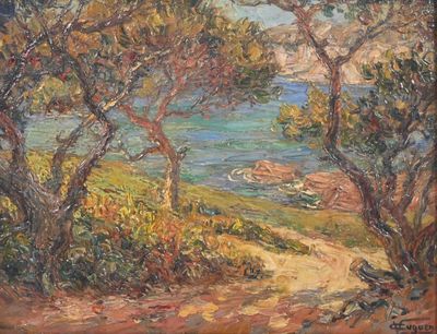 an oil painting of a path leading to a body of water surrounded by trees