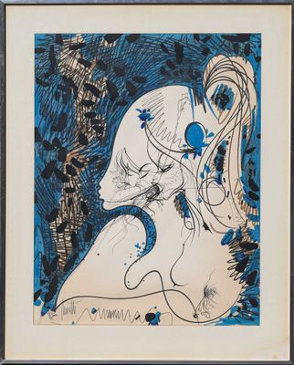 une image représentant un dessin en bleu et blanc d'une femme aux cheveux longs