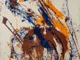 an image of a painting of a man riding a horse with paint splatters all over it