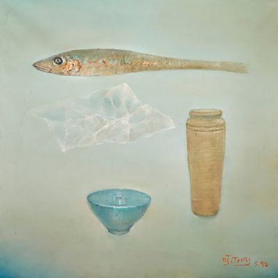 une peinture représentant un poisson à côté d'un bocal