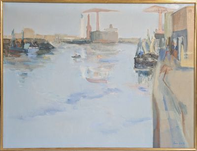 a painting of a harbor scene with boats on the water