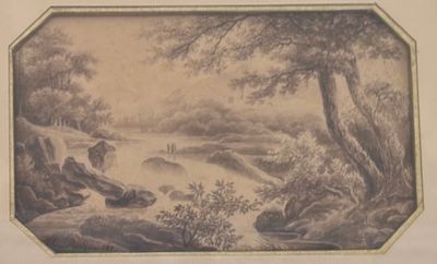 an old picture of a man fishing in a river in a wooded area