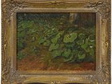 un tableau représentant un champ avec des plantes vertes, dans un cadre doré