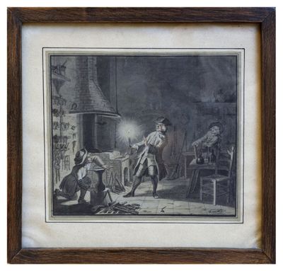 a drawing of a man and woman in a kitchen with a dog