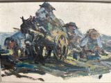 a painting of a man riding a horse drawn carriage