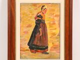 an oil painting of a woman in a black dress standing in front of a white wall
