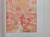 an open book with a picture of a woman walking down a street