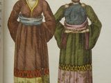 an old book with a drawing of two women in traditional clothing