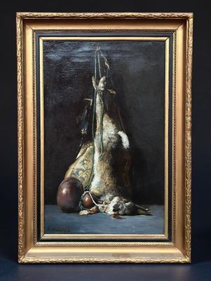an oil painting of a still life of a dead bird and other items