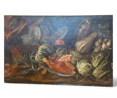 painting of a still life with fish and vegetables on a table