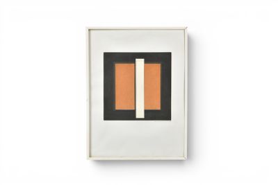 an orange and black painting on a white wall with a white frame