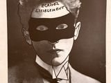 black and white photograph of a man with a mask on his head