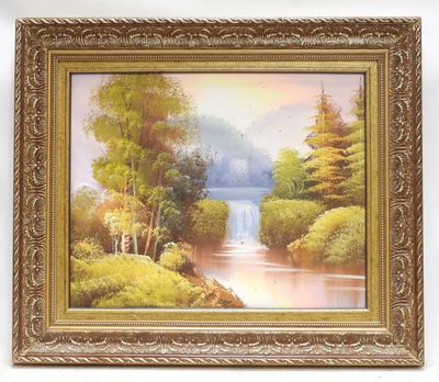 a painting of a river with trees and a waterfall in the background