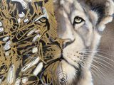 a painting of a lion with feathers on it ' s head