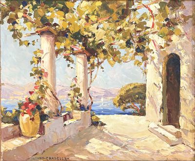 an oil painting of a porch with flowers and a view of the ocean