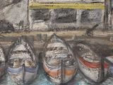 painting of a row of boats in front of a building