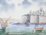 two boats in the water with a castle in the background