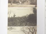 two pictures of people riding horses in the woods
