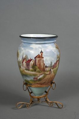 a vase with a painting on it sitting on a stand