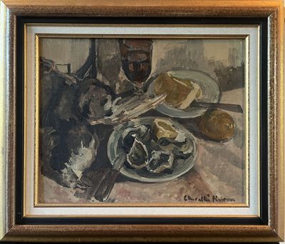 a painting of a plate of food and a glass of wine