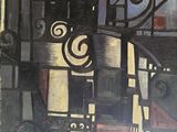 an image of a painting of a building with a clock on it ' s side